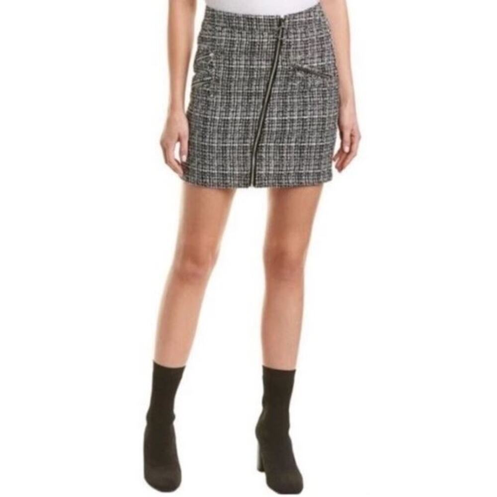 Romeo & Juliet Large Tweed Wool Mini Skirt Biker Moto Asymmetric Zip Black White